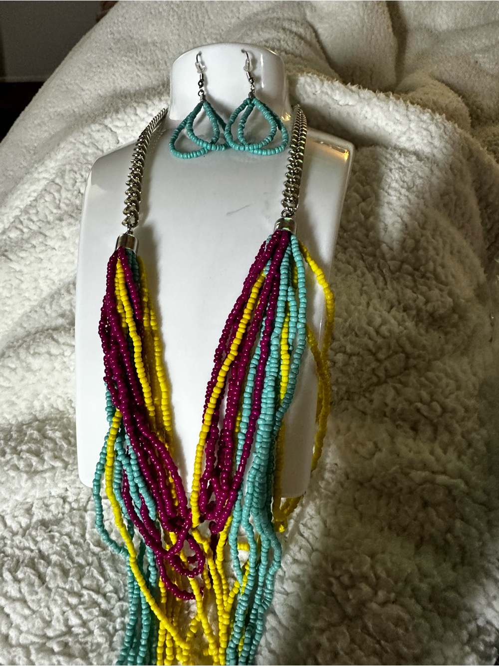 3pcs multi-strand Beaded Necklace-Teardrop Earrings -Turquoise, Yellow, Magenta